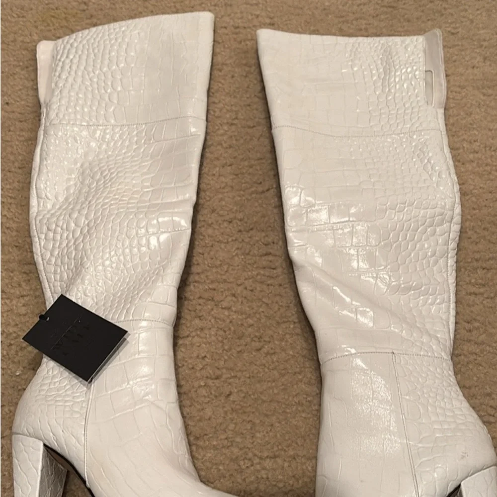 White Croc-Embossed Knee-High Women's Boots